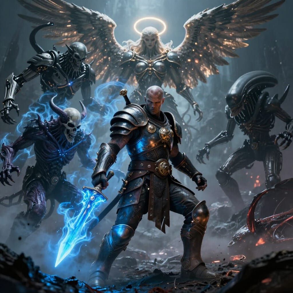 Asgardian Warrior Battles Demon in Hellish Landscape