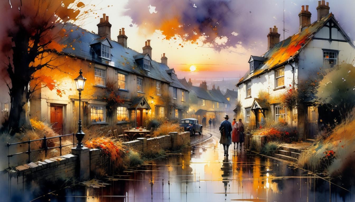 English Village Sunset in Detailed Watercolor Style