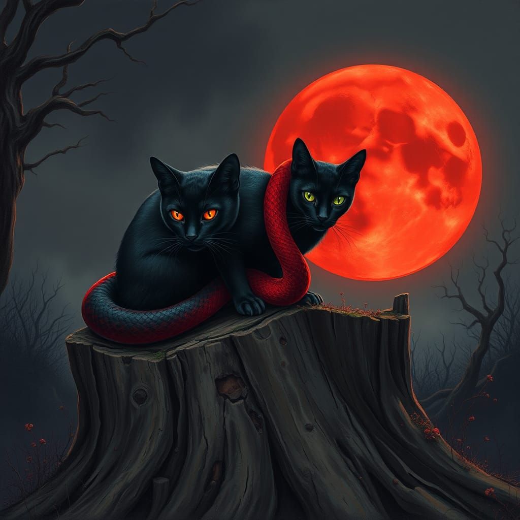 Gothic Black Cat with Snake and Red Moon