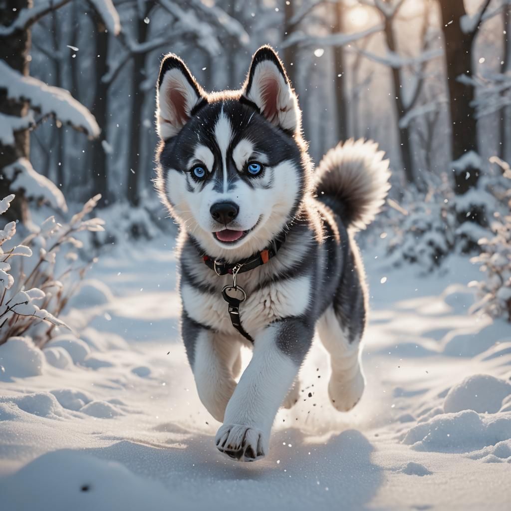Cute Husky Puppy Running in Snow: 3D Anime Art