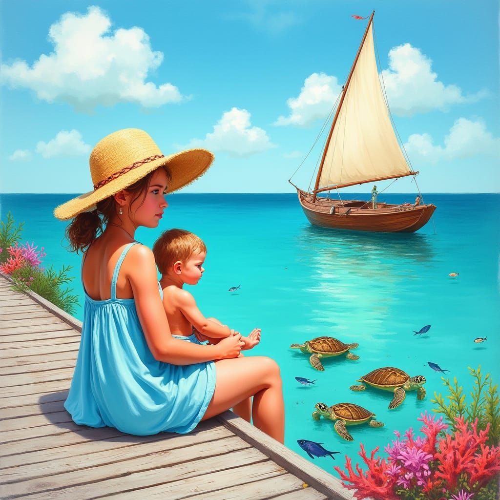 Girl and Baby on Key West Pier with Turtles and Sailboat