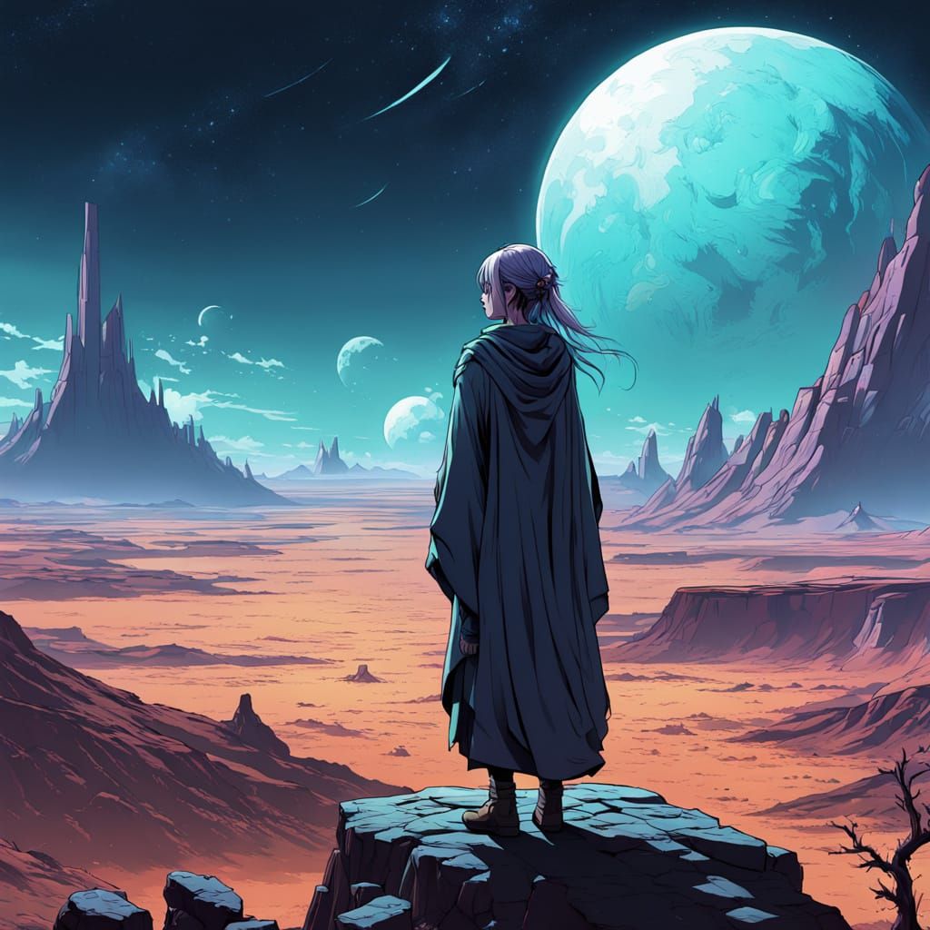 Sorceress on Precipice Overlooking Alien Desert