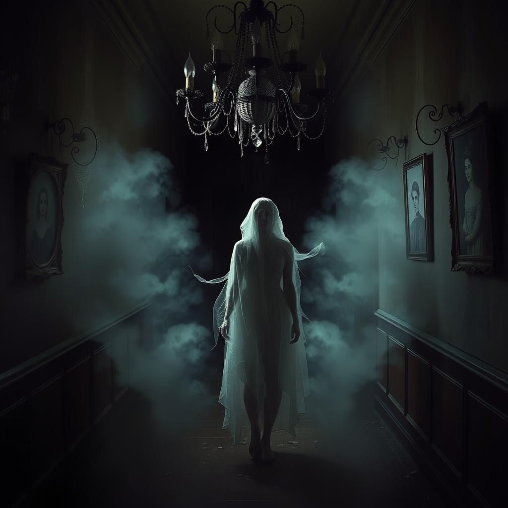 Ethereal Apparition in Foggy Hallway