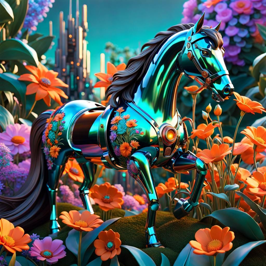 Robot Horse in Chrome Flower Garden