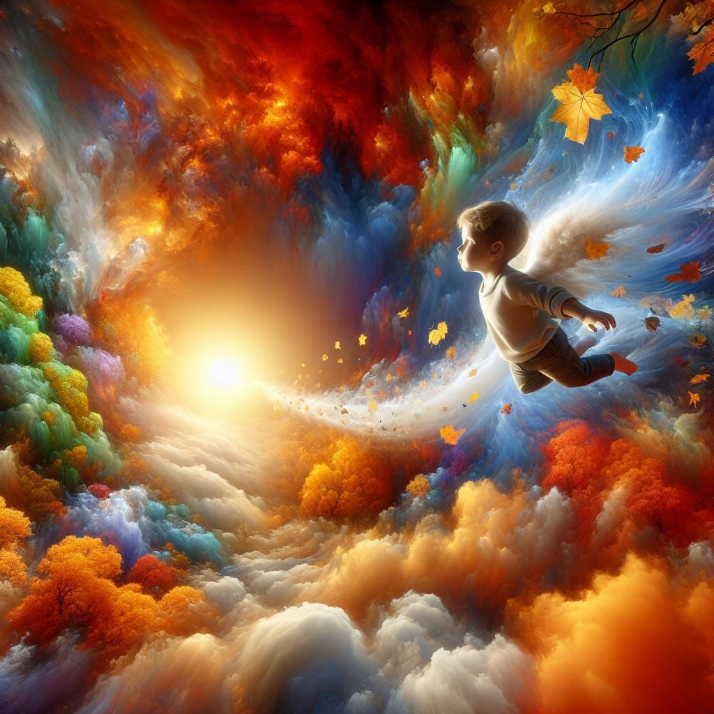 Boy Floats from Summer to Autumn: Photorealistic Art