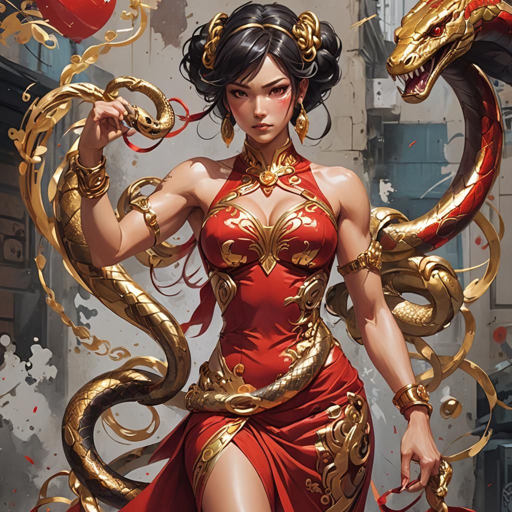 Anime Goddess with Snake Leg Band in Vibrant Red