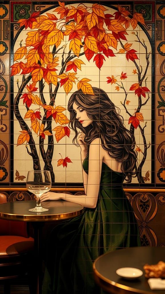 A tiled image of a lady in autumn in the Cafe Markiz, an Art Nouveau cafe in Istanbul's historic Beyoglu district.