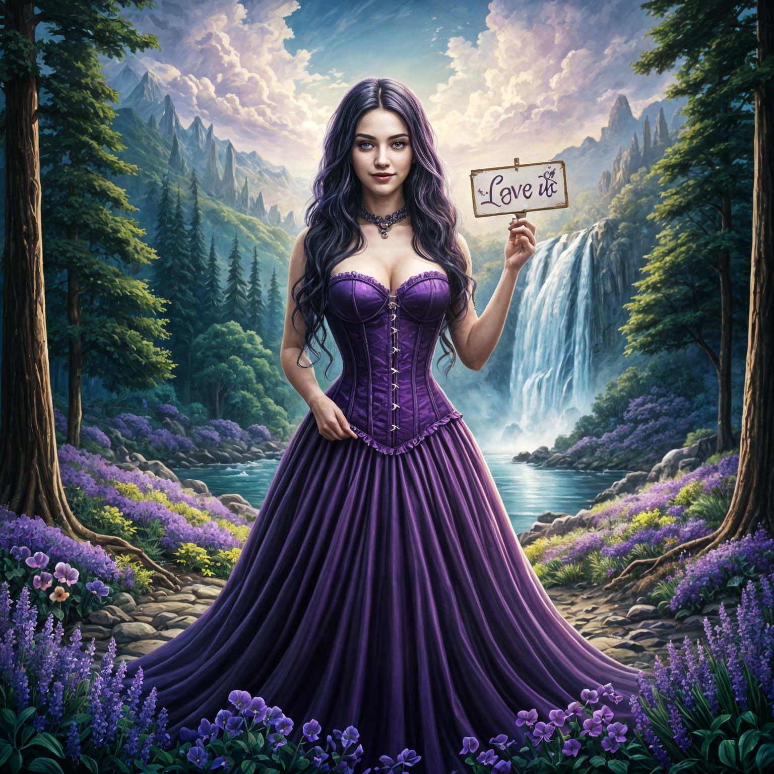 Neo-Impressionist Goth Princess Under Waterfall