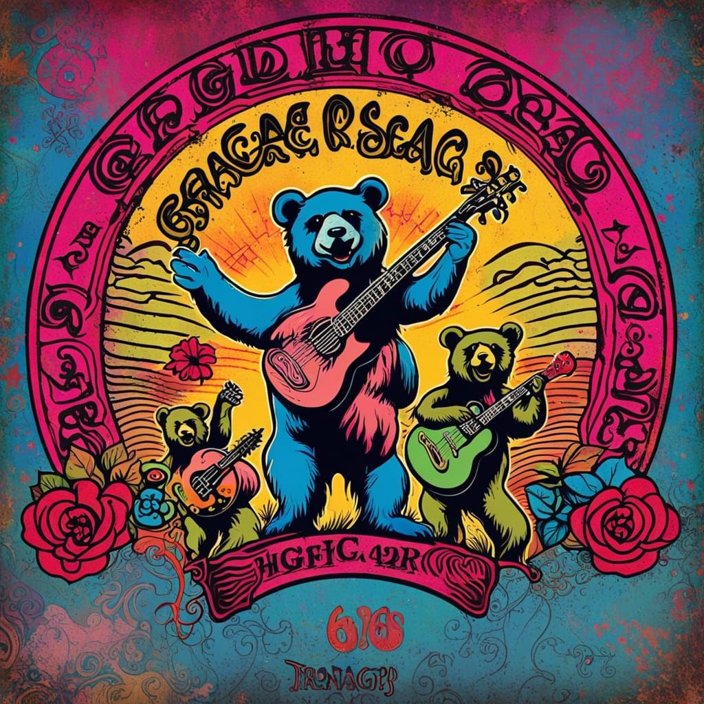 Grateful Dead psychedelic poster, acid rock art style, vintage distressed look, brightly colored dancing bears playing i...