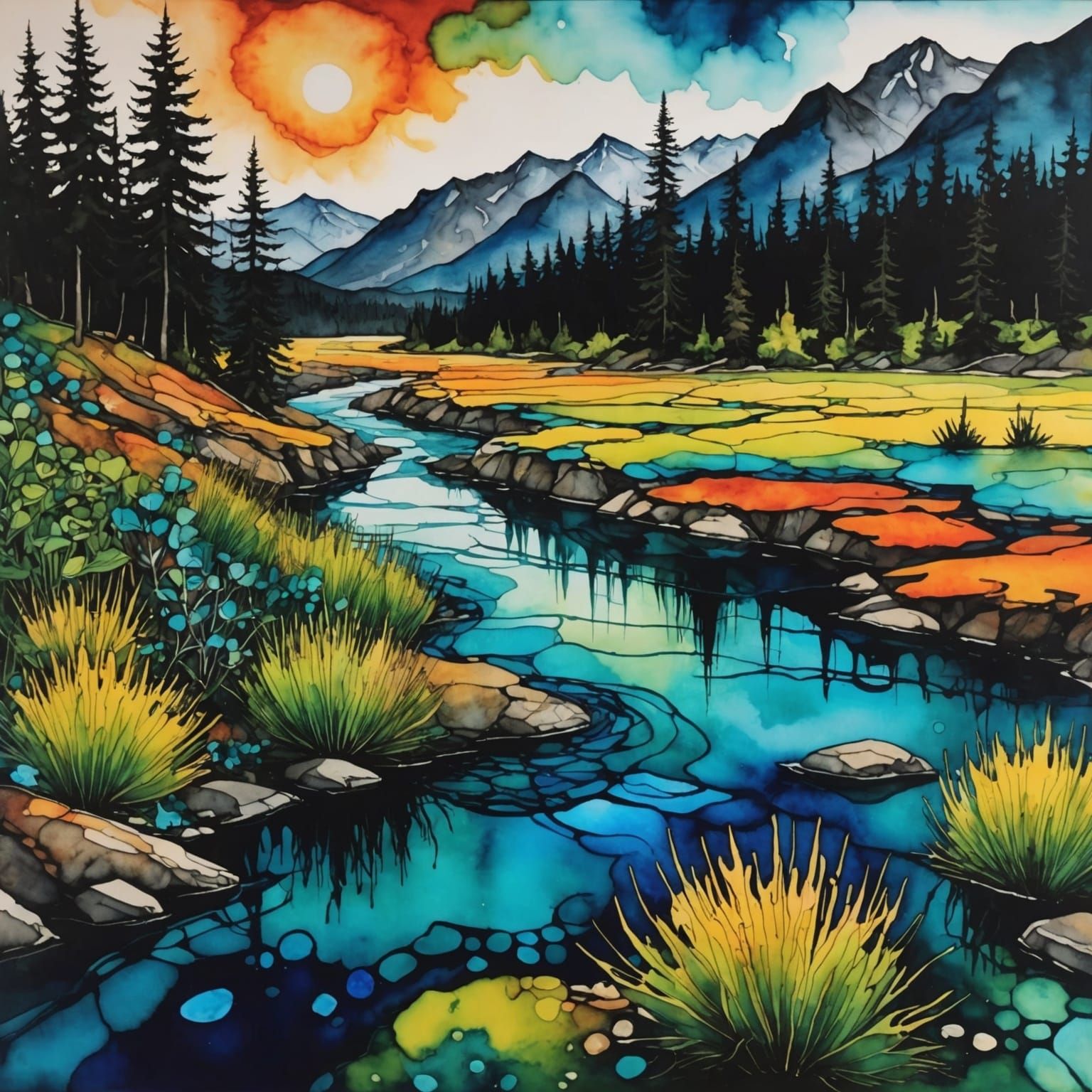 Landscape in Alcohol Ink Style