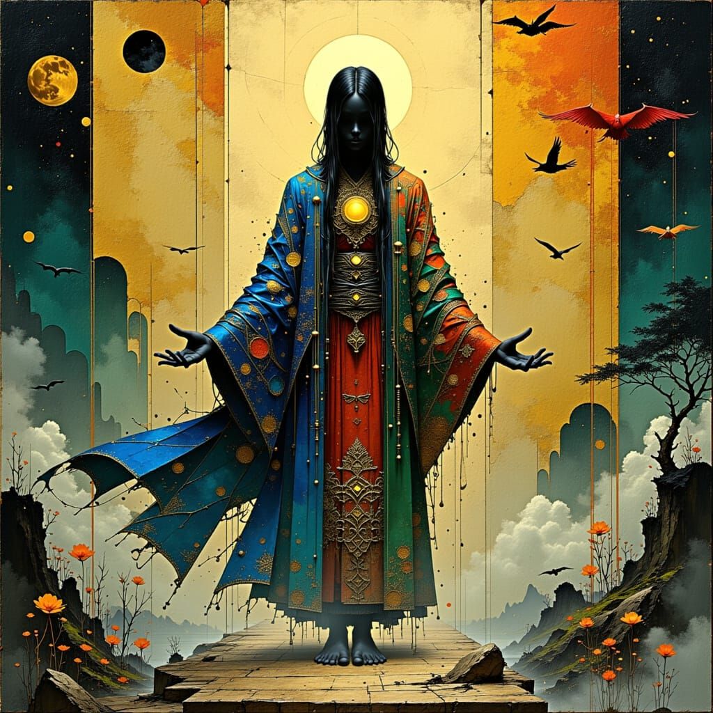 Unity Figure Surrounded by Religious Symbols in Dreamlike Fi...