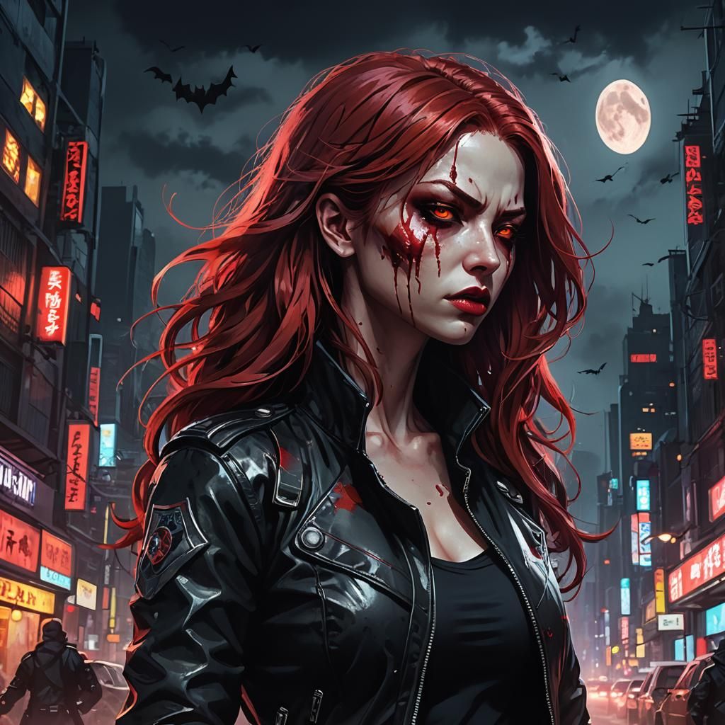 Ferocious Anime Assassin in Neo-Noir Cityscape