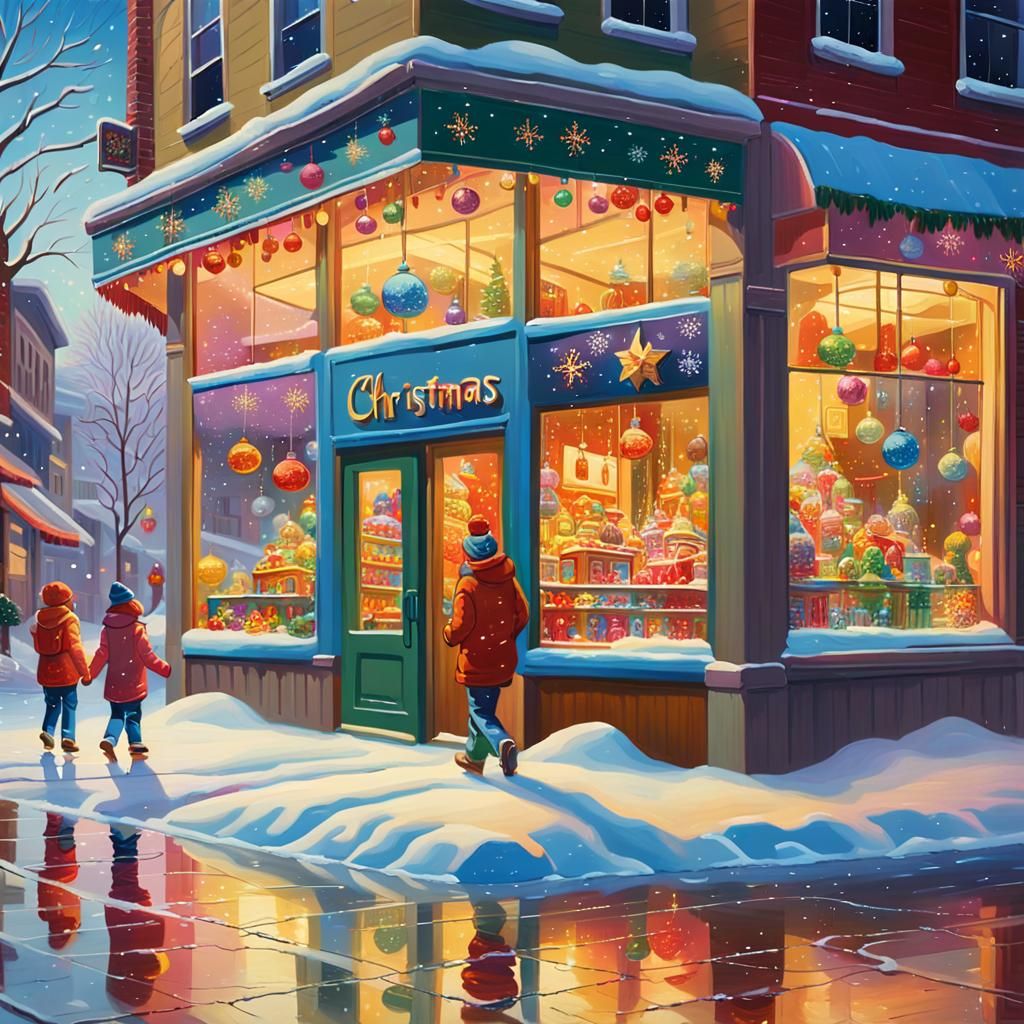 Vibrant Winter Wonderland Toy Store Scene in Oil Painting