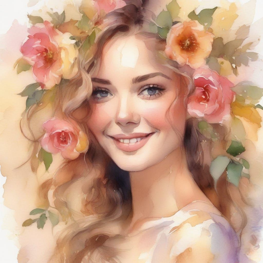 Dreamy Watercolor Portrait of Girl with Flowers