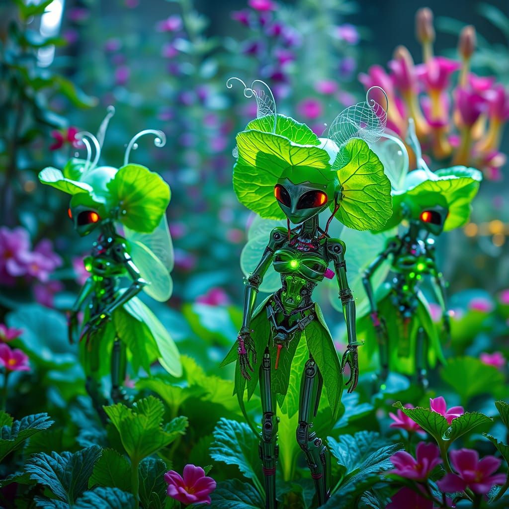 Cybernetic Lettuce Fairies in a Futuristic Garden