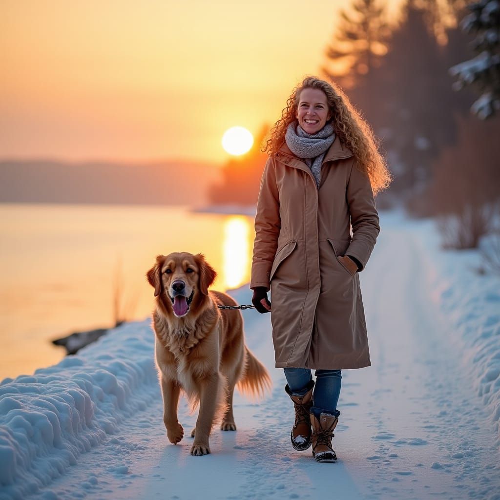 Woman and Dog in Snowy Sunset, Impressionist Style
