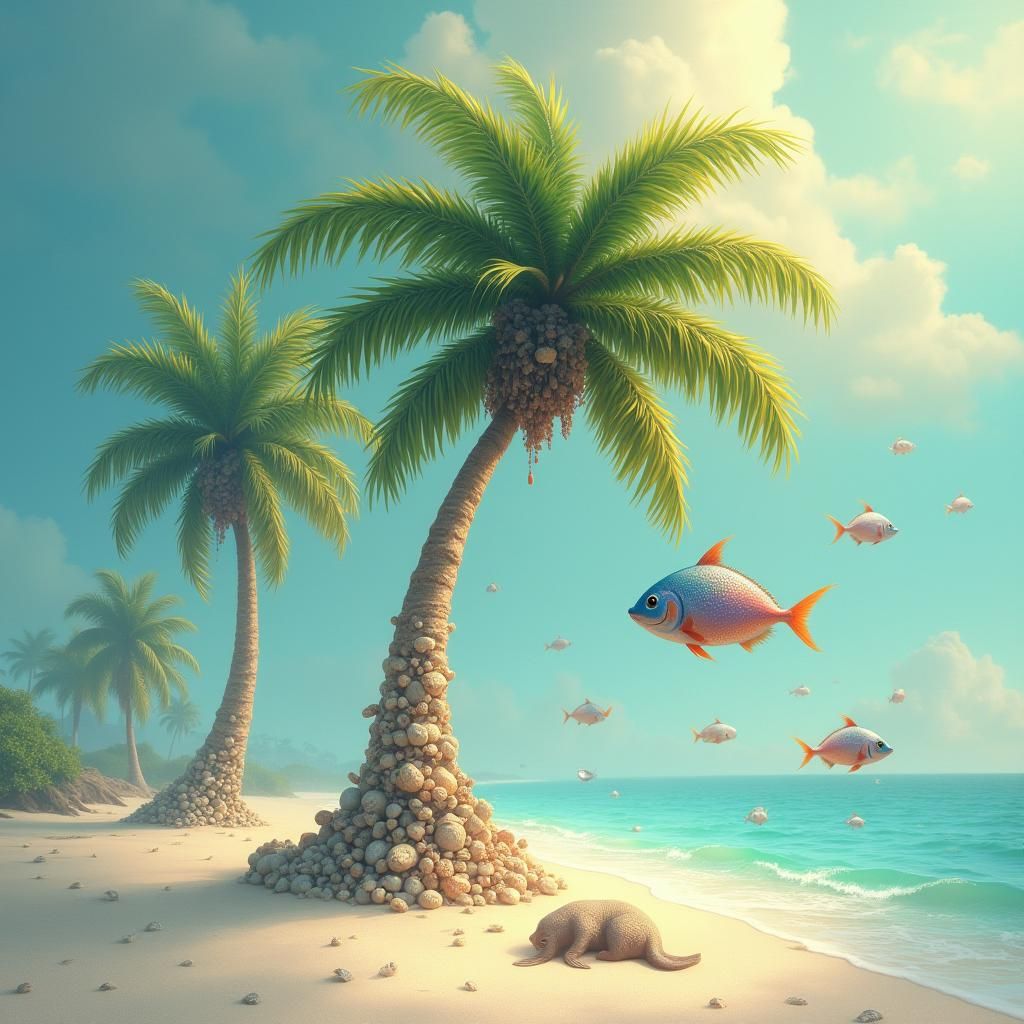 Seashell Palm in Ethereal Fantasy Beach Scene