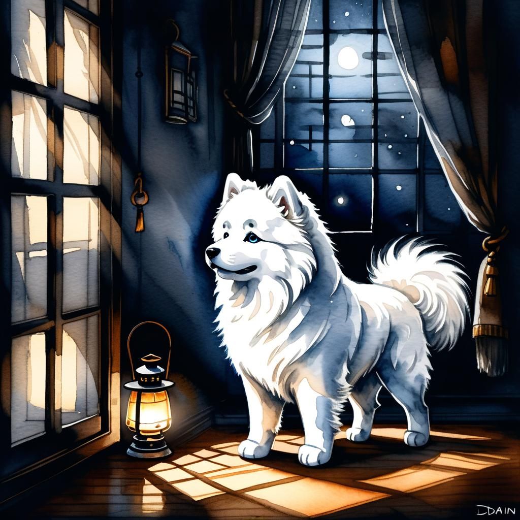 Chibi Samoyed Watercolor Painting with Oil Lantern Light