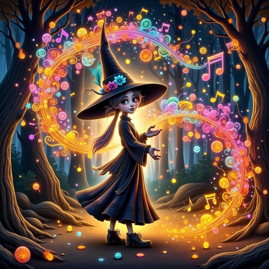 Whimsical Witch Conjures Musical Colors in Enchanted Forest