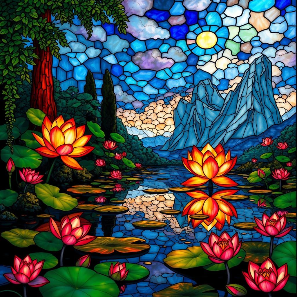 Majestic Stained Glass Lotus Lake Landscape in Vibrant Color...