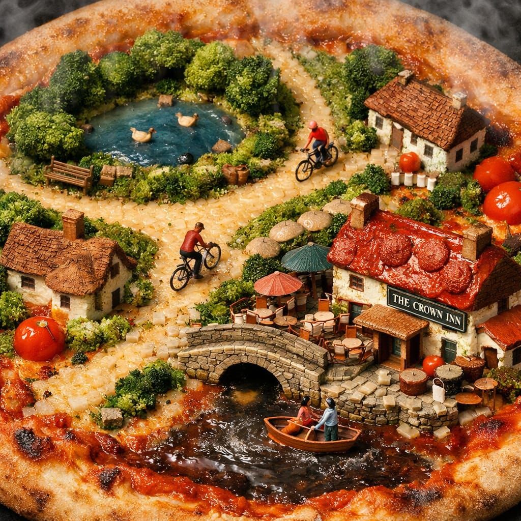 Steaming Pizza Top Down View as English Countryside Village