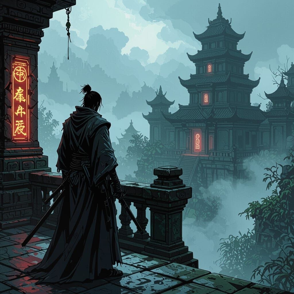 Ronin Overlooking Jungle City in Comic Book Style