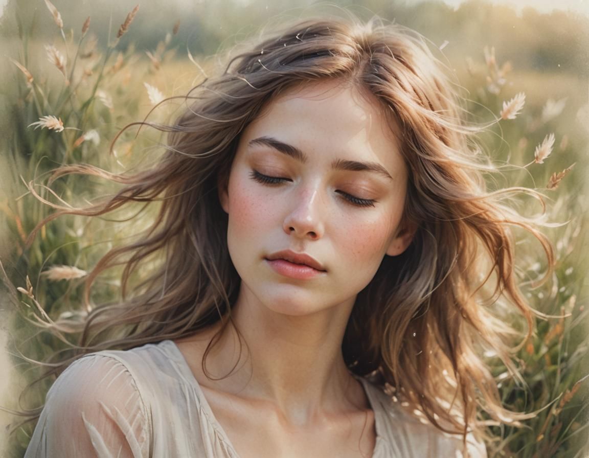 Woman in Sweet Repose: Watercolor Portrait in Meadow