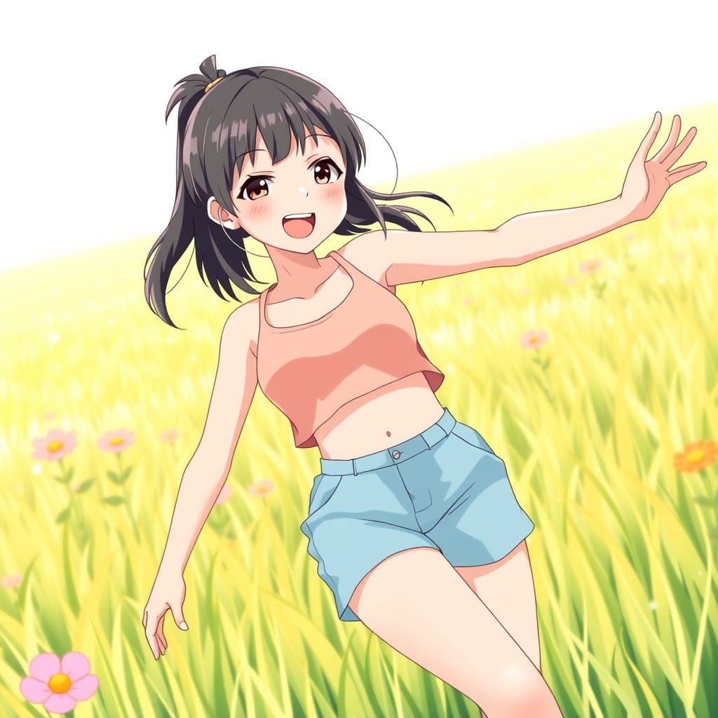Vibrant Anime Girl in Springtime Meadow