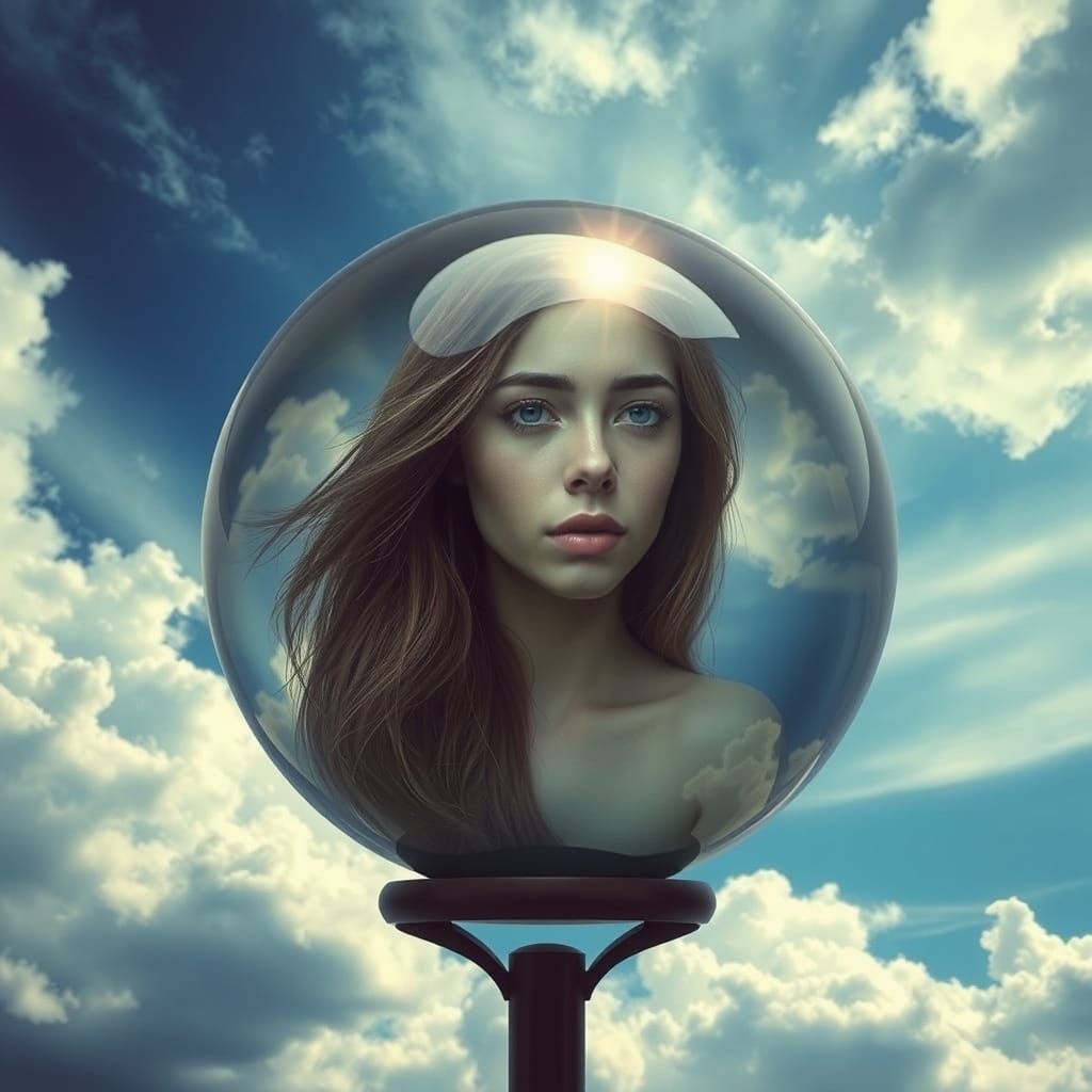 Melancholic Woman Reflected in Glass Globe