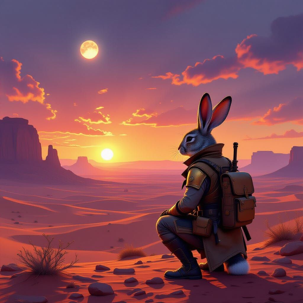 Rabbit Explorer on Alien Desert in Cinematic Style