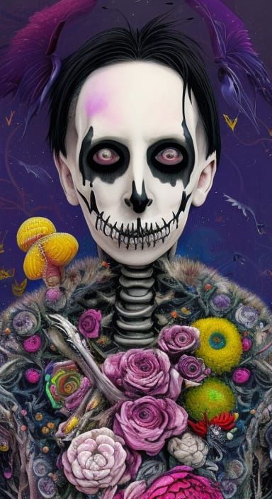 Goth Skeleton with Flowers: Colorful Fantasy Illustration