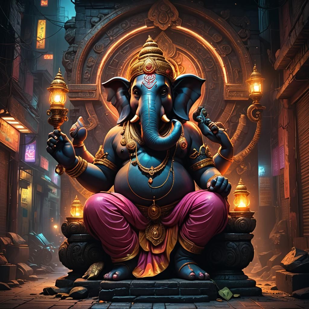 Ganesh in Neon Alley: Steampunk Digital Art
