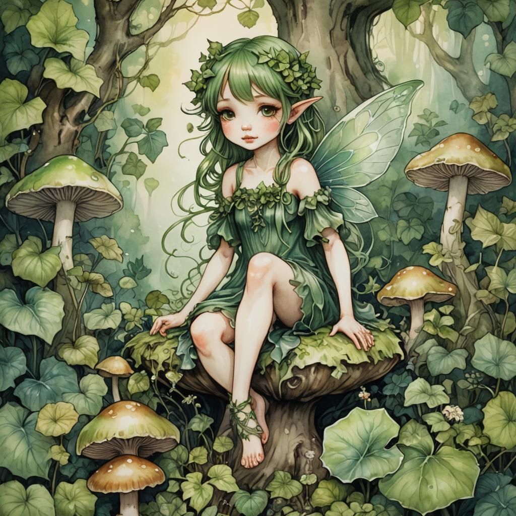 Whimsical Ivy Fairy on Mushroom in Watercolour Style