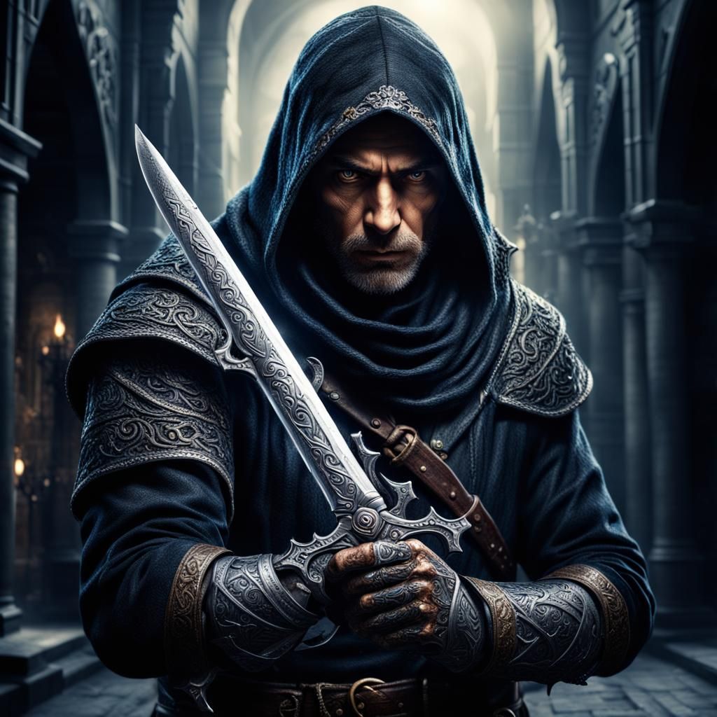 Hyperrealistic Fantasy Thief with Magic Dagger in HDR