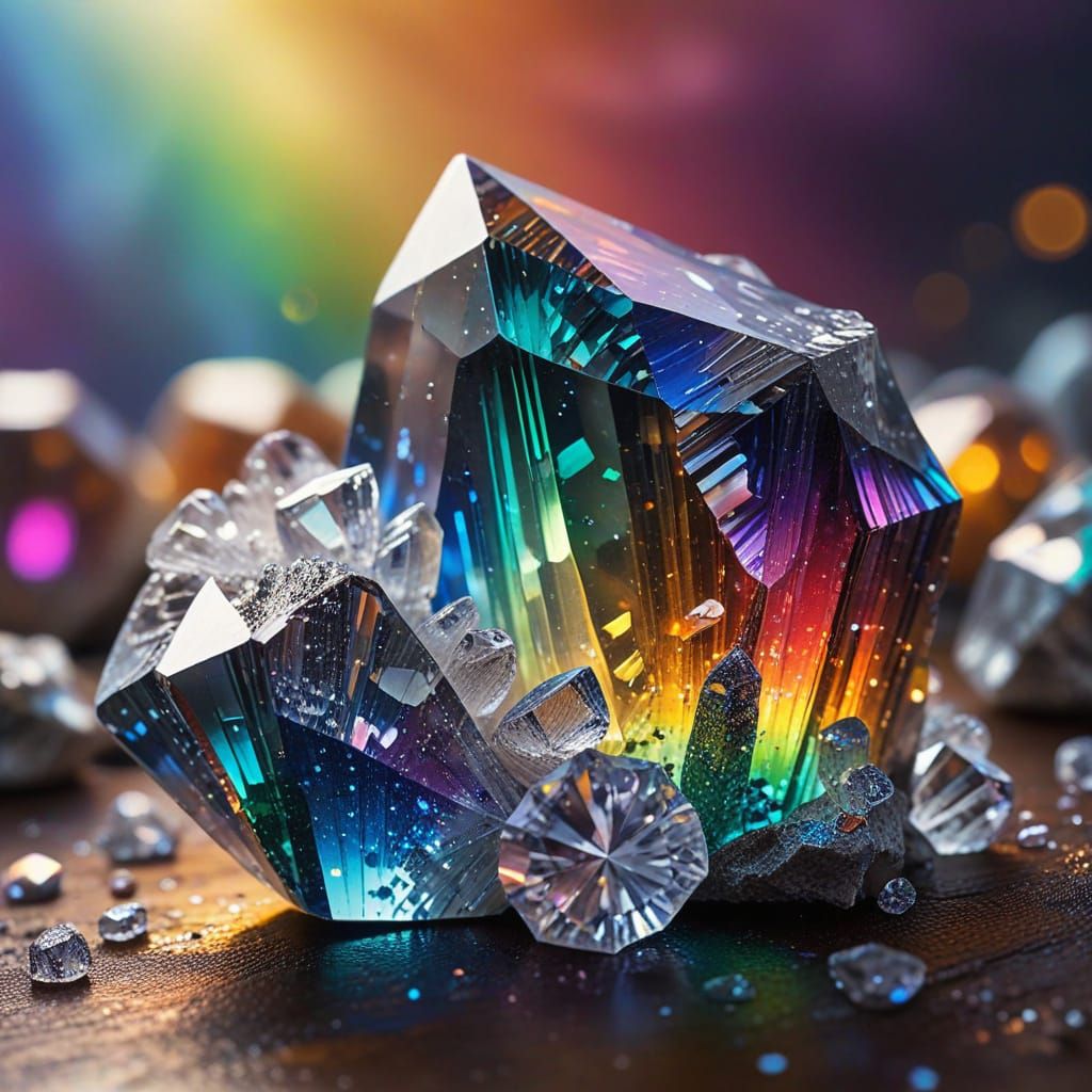 Vibrant Rainbow Crystal Cluster in Bokeh Background