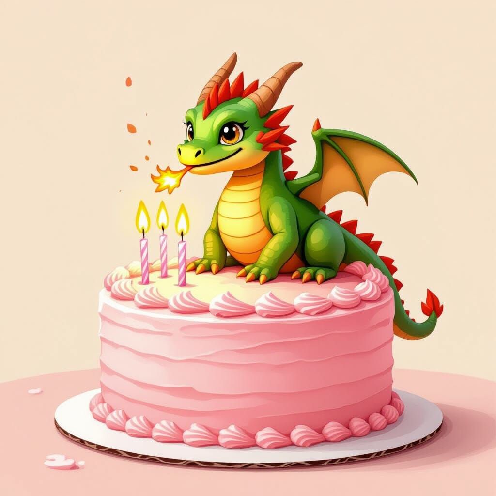 Whimsical Dragon on Pink Cake Blowing Flames