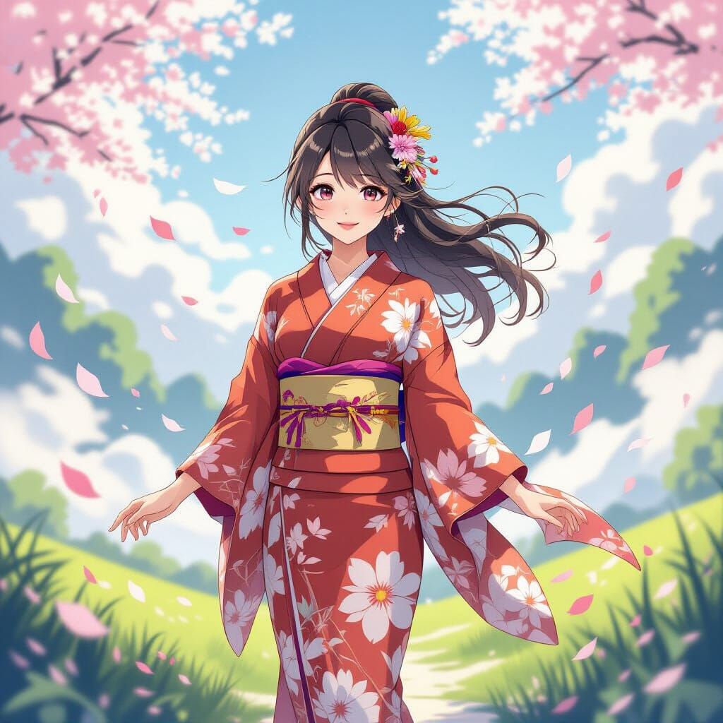 Anime Style: Woman in Kimono Amidst Ethereal Mist