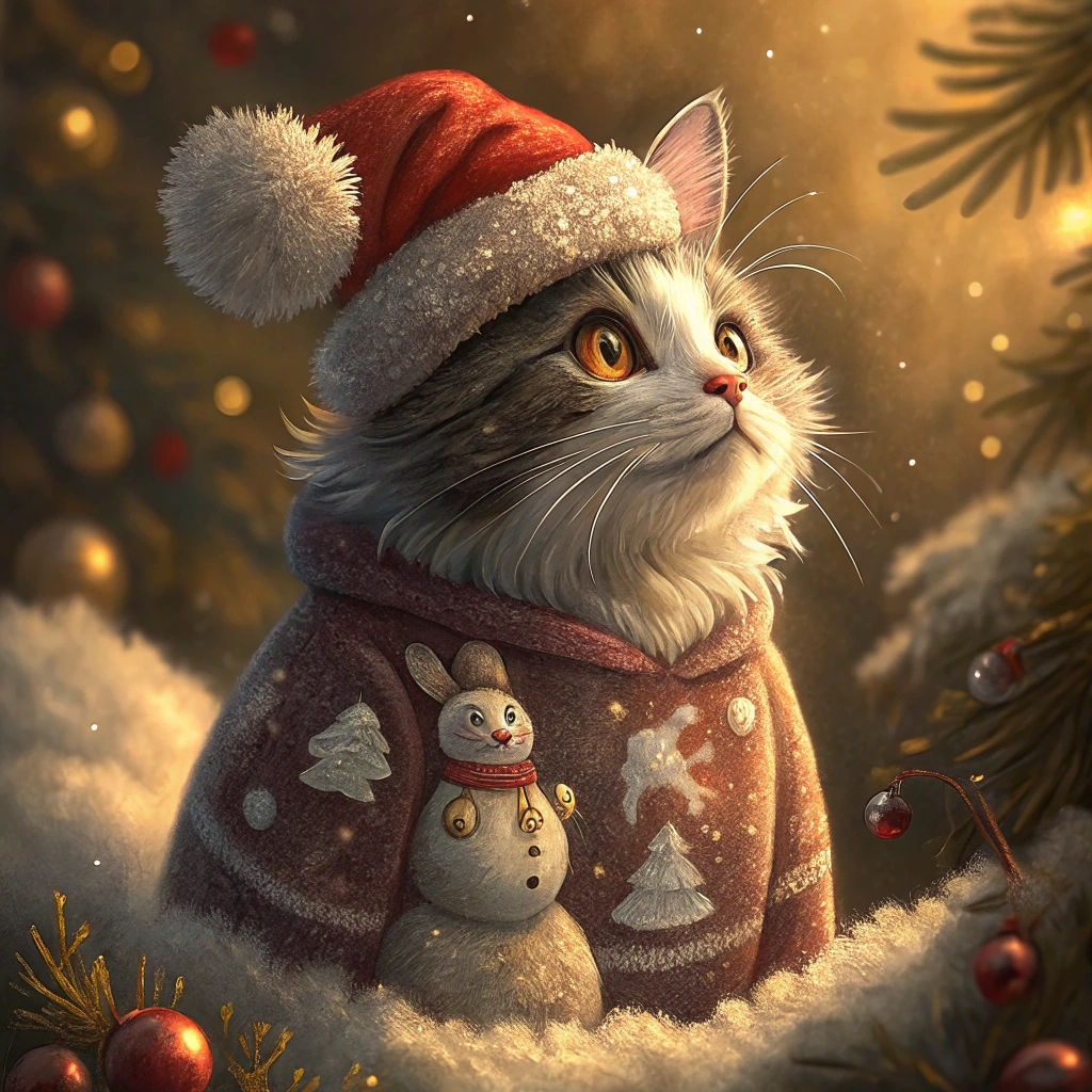 Festive Cat in Santa Hat and Christmas Sweater