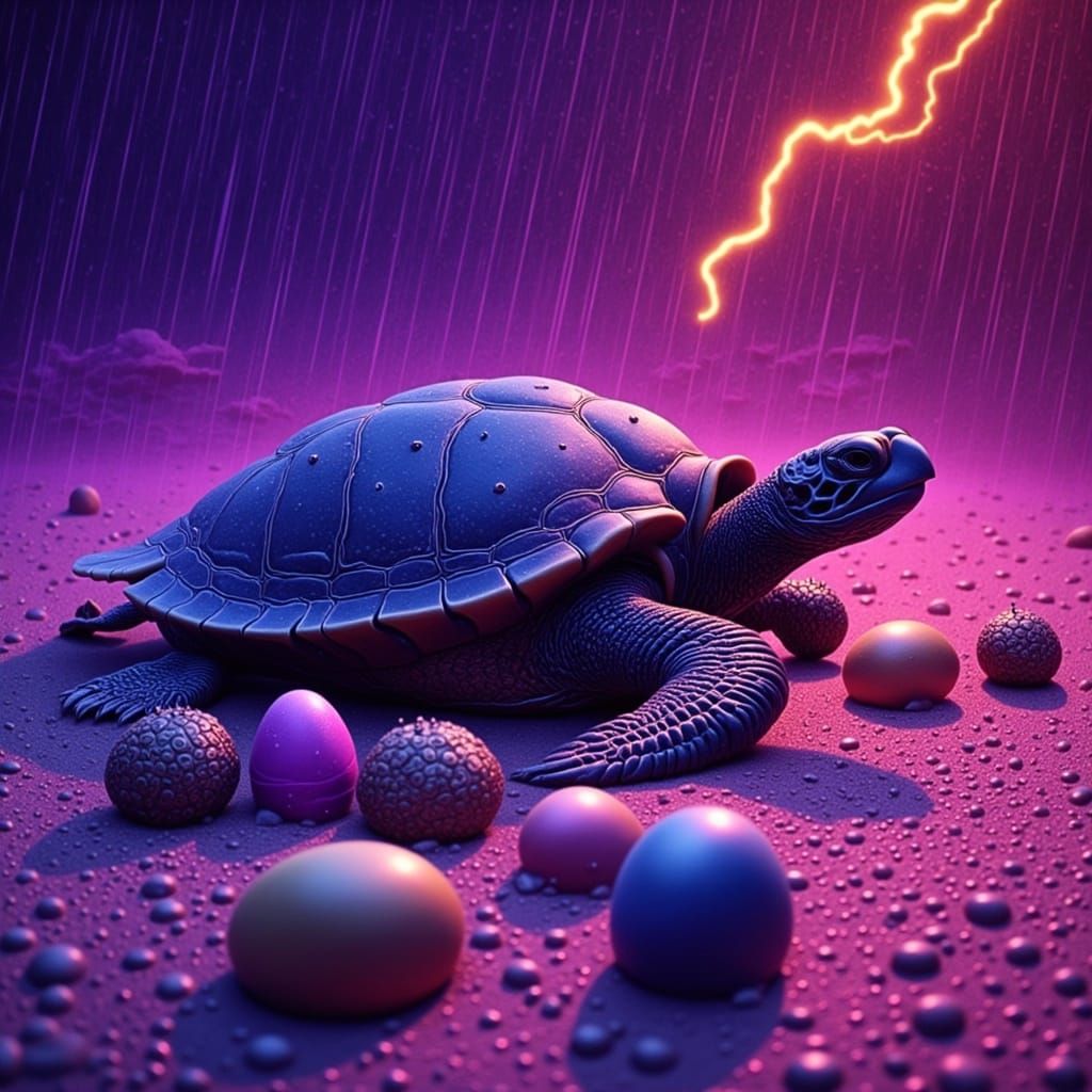 Neon Sea Turtle Lays Eggs: Hyperrealistic Art