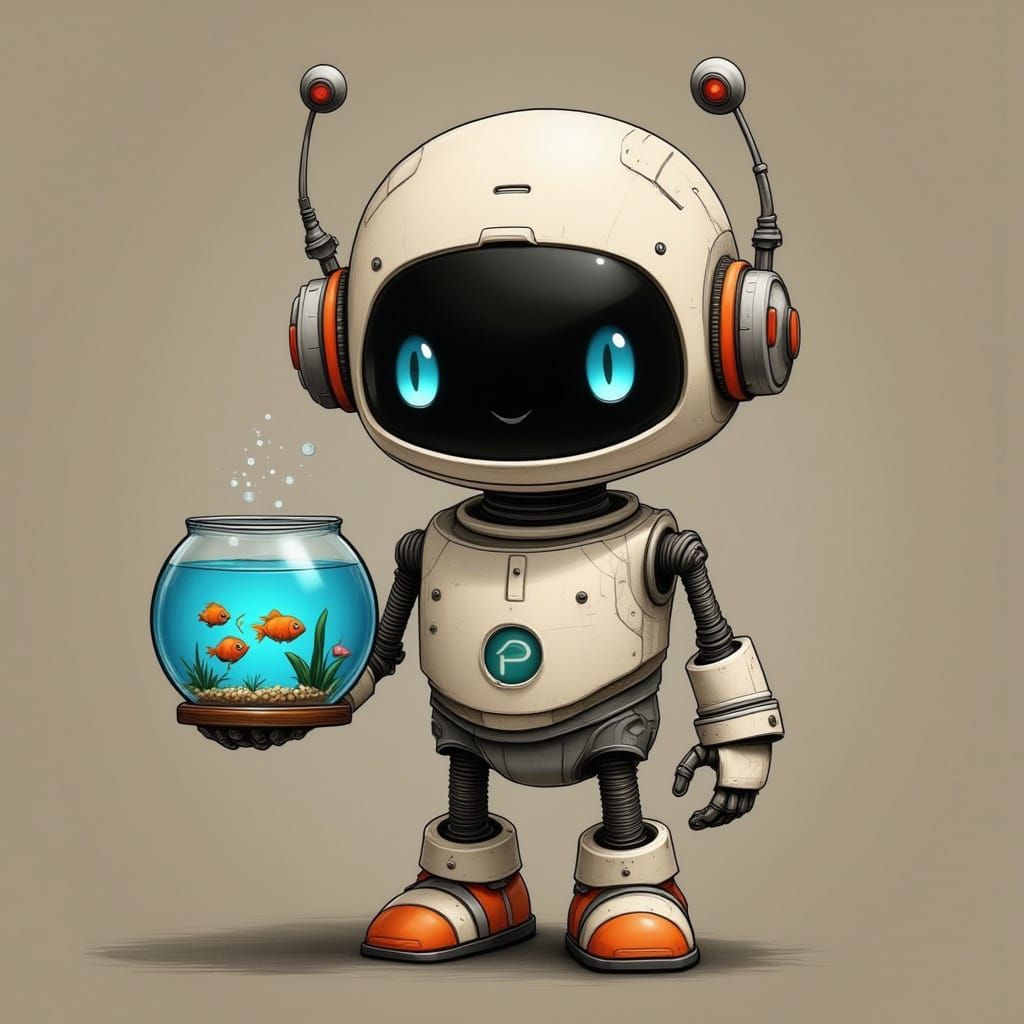 Cute Robot Holding a Fishbowl, Savant Sketched Style