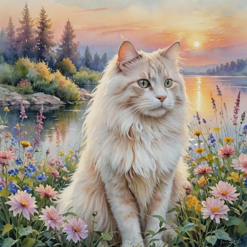 Pastel Cat in Watercolor Landscape, Luminescent