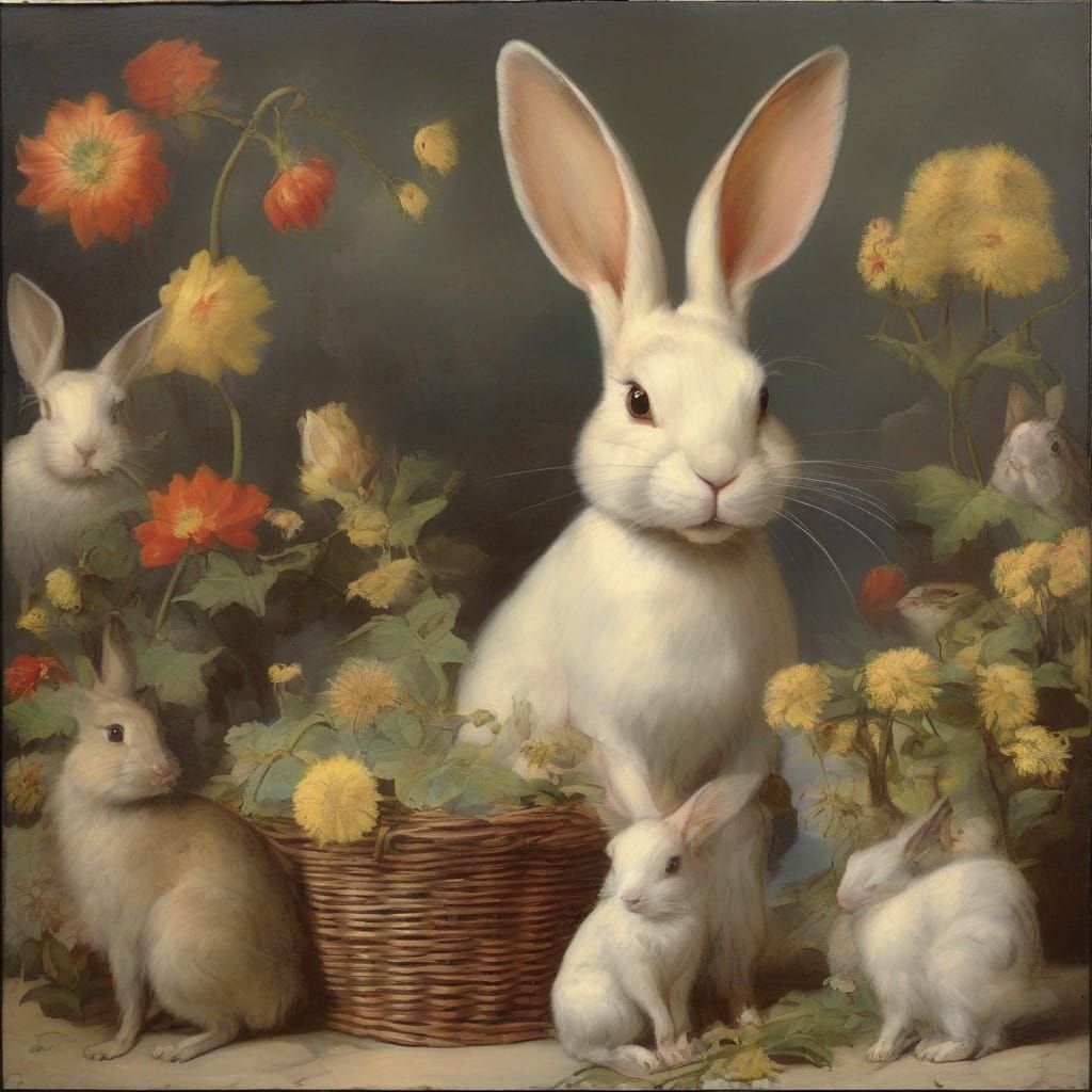 Whimsical Rabbits and Devils in a Surreal Landscape
