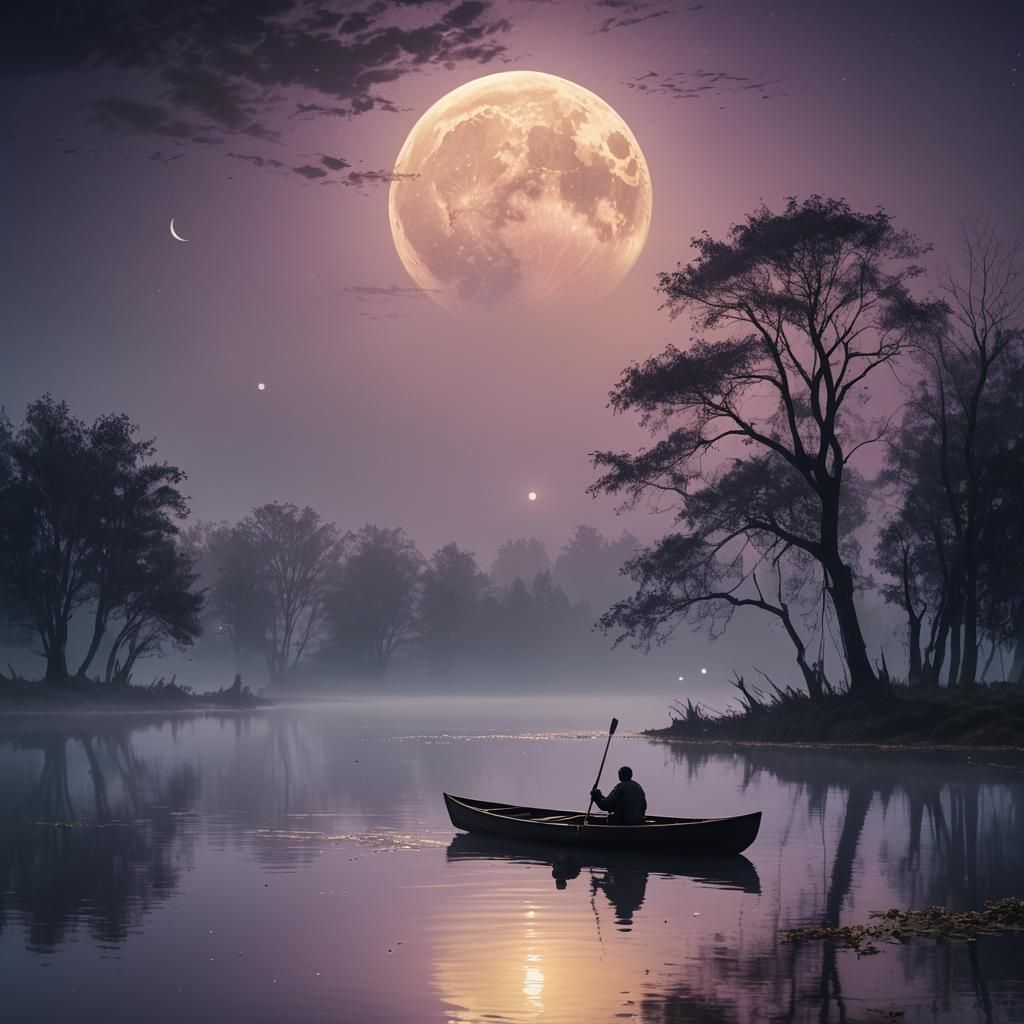 Lone Rowboat on Pond in Dramatic Oil Painting