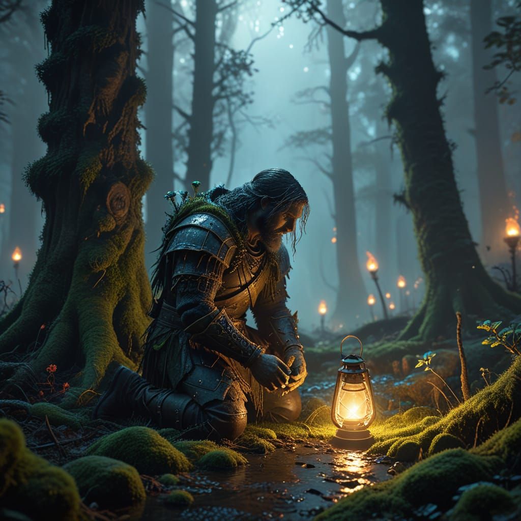 Antlered Giant Lights Lanterns in Moonlit Forest