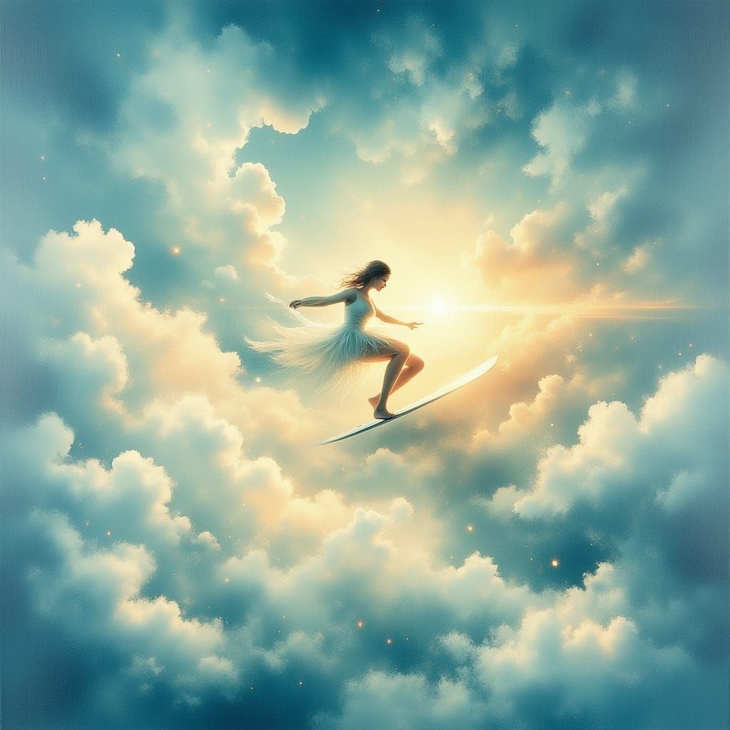 Surfing Above the Clouds in a Dreamy Sky
