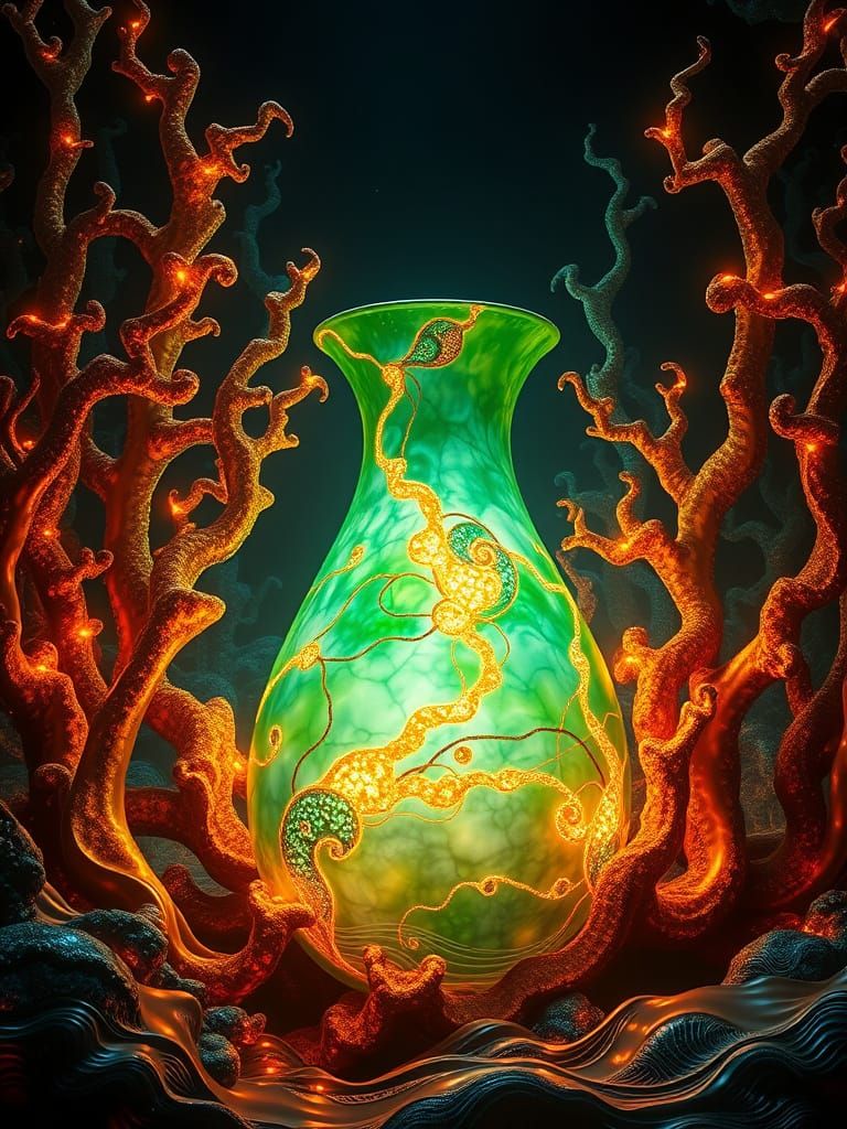 Kintsugi Vase in Bioluminescent Kelp Forest