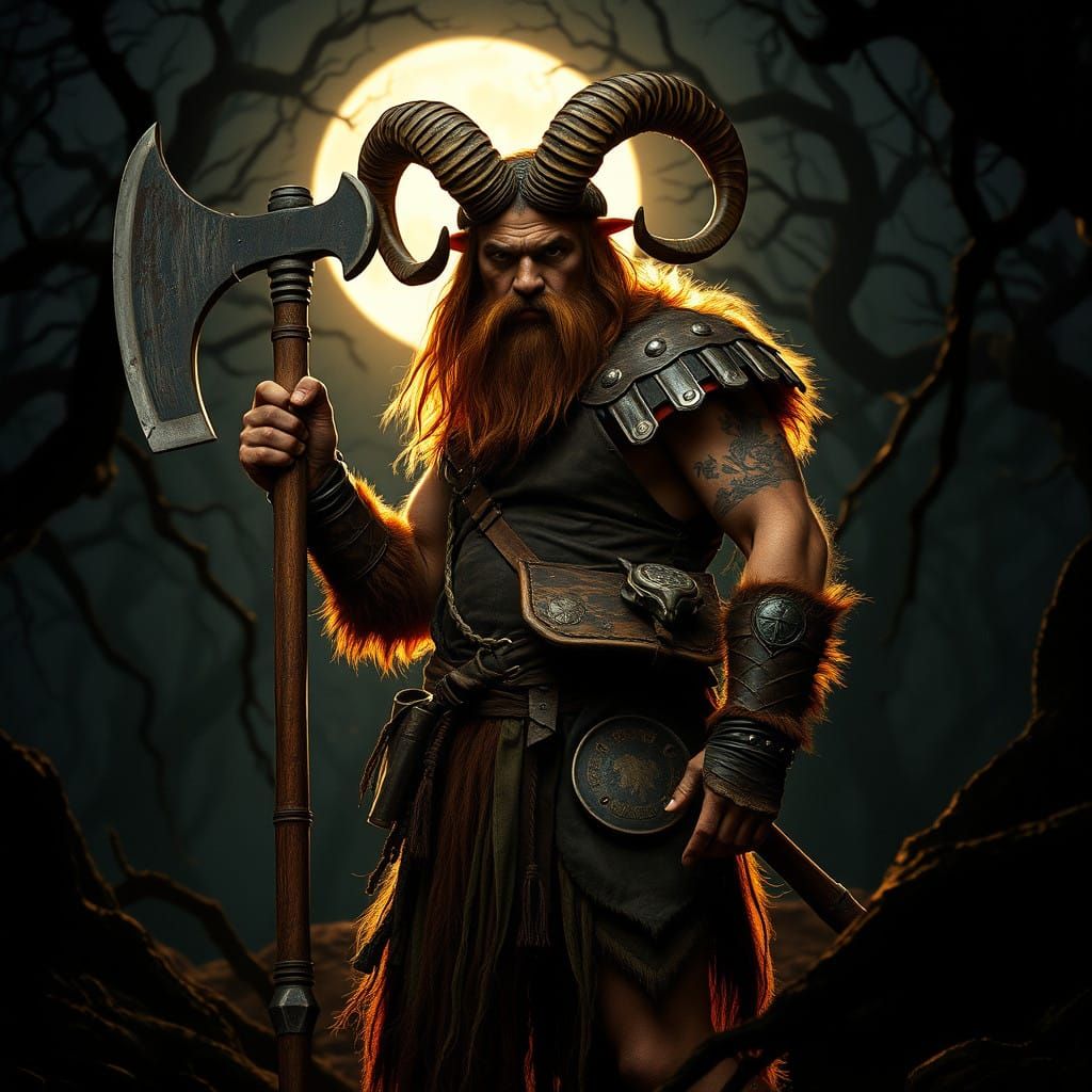 Rugged Satyr Barbarian Wields Great Axe in Dark, Mystic Fore...