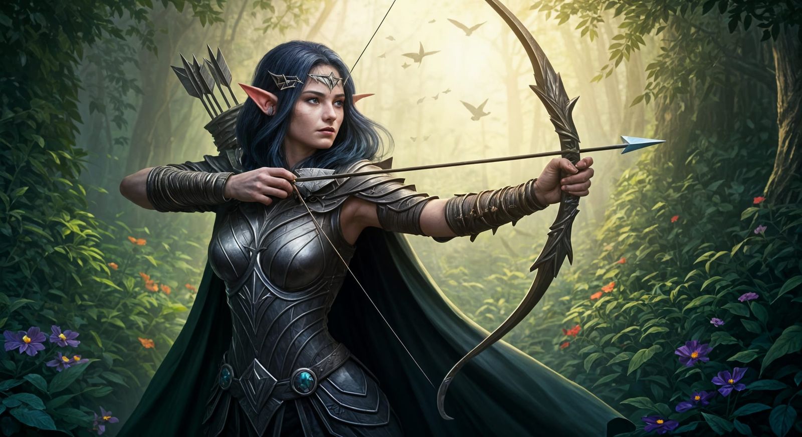 Ethereal Elven Ranger in Sunlit Forest