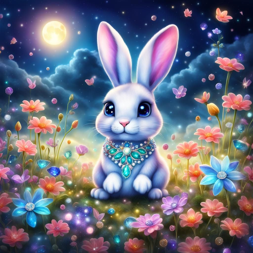 Mystical Bejeweled Bunny in a Kawaii Style