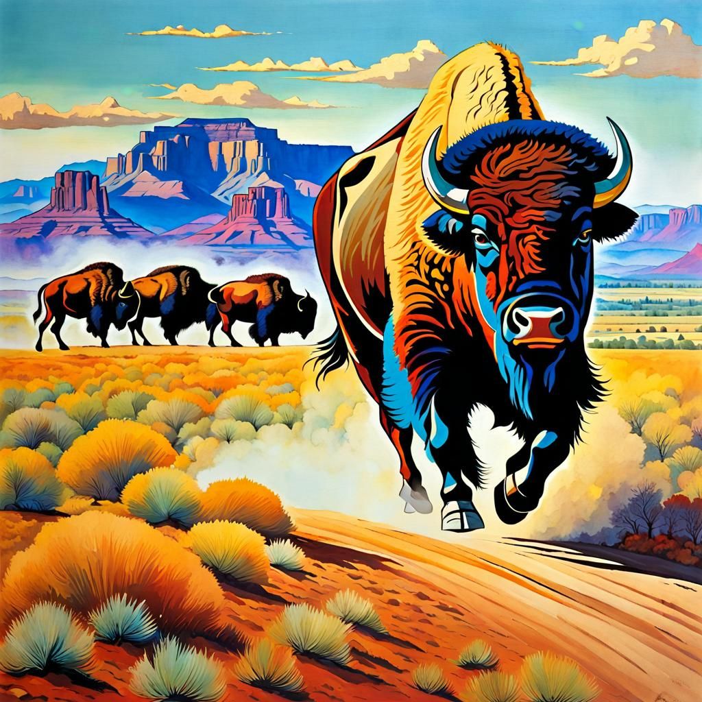 Bison in Arizona Landscape, Moebius Style